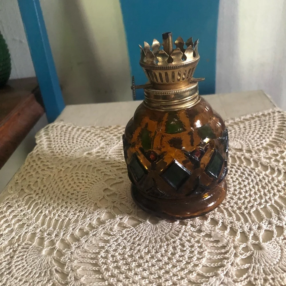 Vintage Small Amber Glass Hurricane Oil Lamp